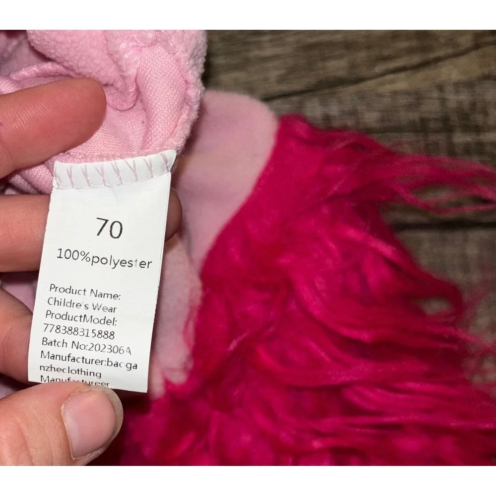 Pink Flamingo Baby Costume Fleece Romper with Faux Fur Hood and Sleeves Size 70